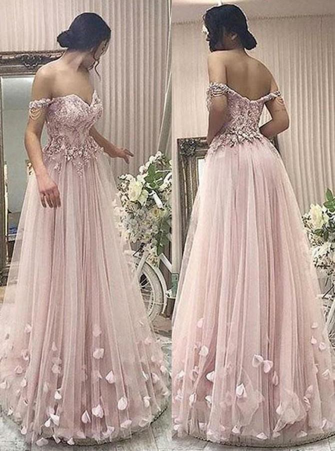 Off-The-Shoulder Pearl Pink Tulle Prom Dress With Appliques Beading