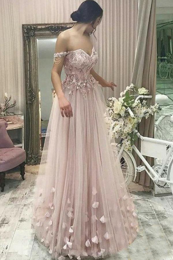 off-the-shoulder pearl pink tulle prom dress with appliques beading dtp1008