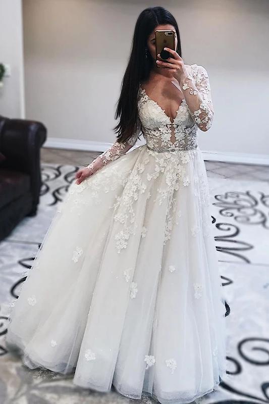 princess tulle long sleeves wedding dresses with appliques dtw319