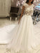 Round Neck Appliques Top Long Wedding Dresses With Cap Sleeves