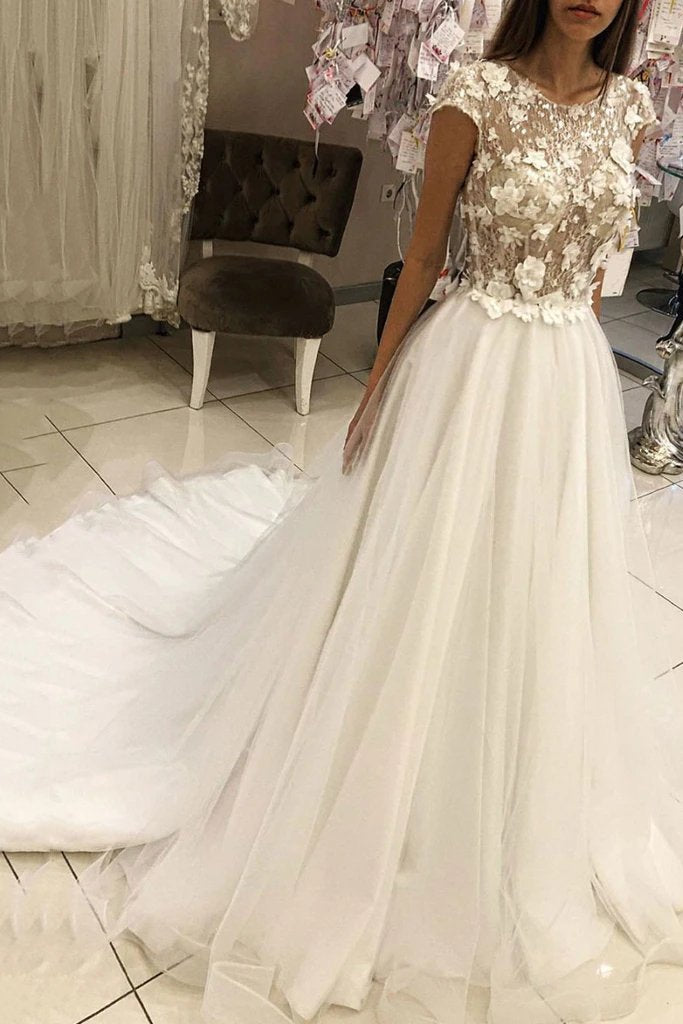 round neck appliques top long wedding dresses with cap sleeves dtw410