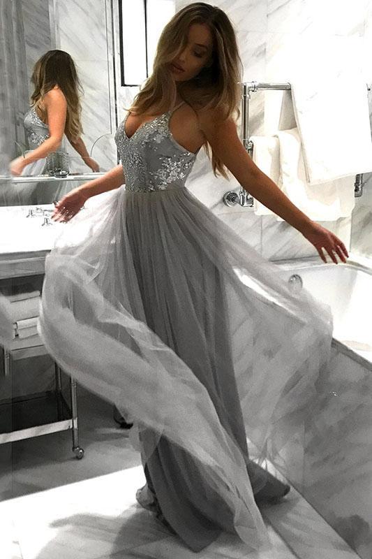 spaghetti straps v-neck tulle grey long prom dresses with sequins dtp804