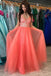 a-line v neck tulle coral long prom dresses with lace applique dtp1078