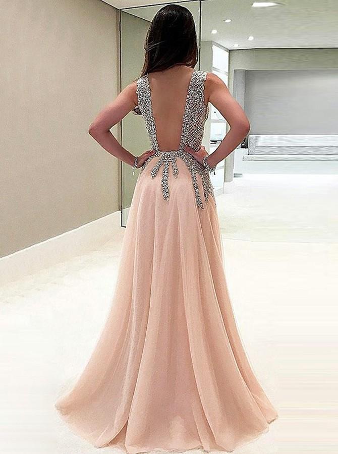 Sexy A Line V-neck Beads Open Back Tulle Slit Prom Dresses