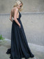 Simple A-Line Spaghetti Straps Taffeta Backless Prom Dress with Pockets