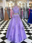 Round Neck Tulle Two Piece Prom Dress with Appliques Beading