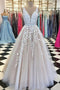 A-line Tulle Long Backless Prom Wedding Dress, V neck Lace Applique Wedding Dress