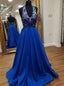 Halter Plunging Neckline Appliques Satin Long Prom Dress with Pockets