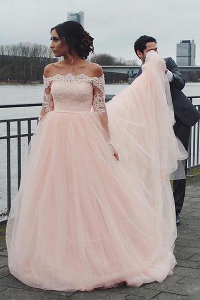 off shoulder lace appliques long sleeve tulle pink wedding dresses dtw298