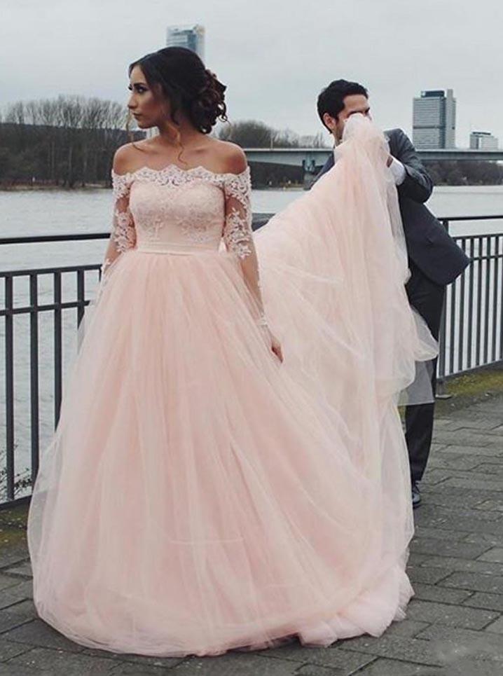 Off Shoulder Lace Appliques Long Sleeve Tulle Pink Wedding Dresses