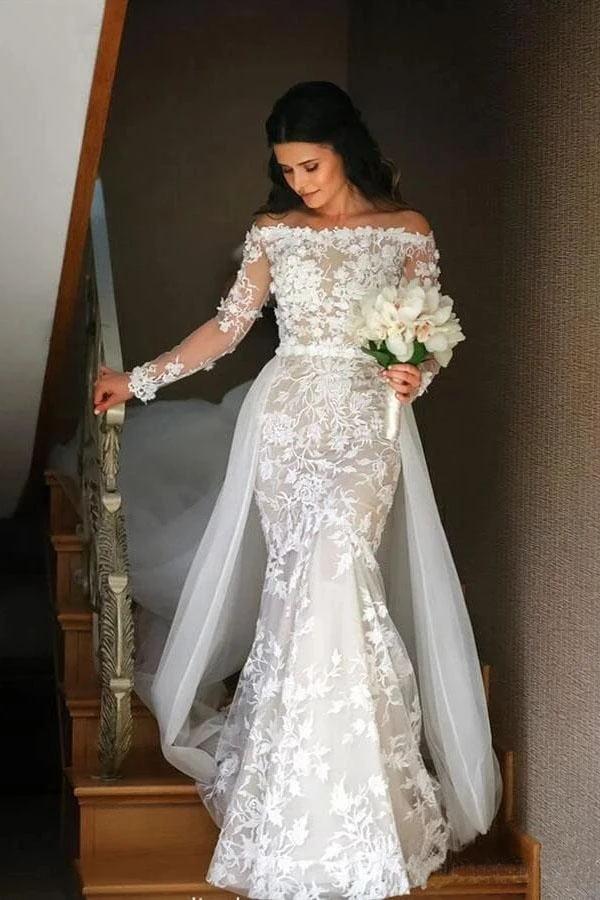 Modest Long Sleeve Lace Mermaid Wedding Dresses With Detachable