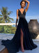 Simple A-line V-neck Long Black Prom Dress, Sexy Evening Dress With Split