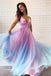 Ombre Long Prom Dress A-line V-neck Beaded Graduation Gown