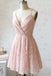 blush homecoming evening dress spaghetti straps v neck lace short prom dress dth142