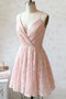 Spaghetti Straps V Neck Lace Short Prom Dress, Blush Homecoming Evening Dress