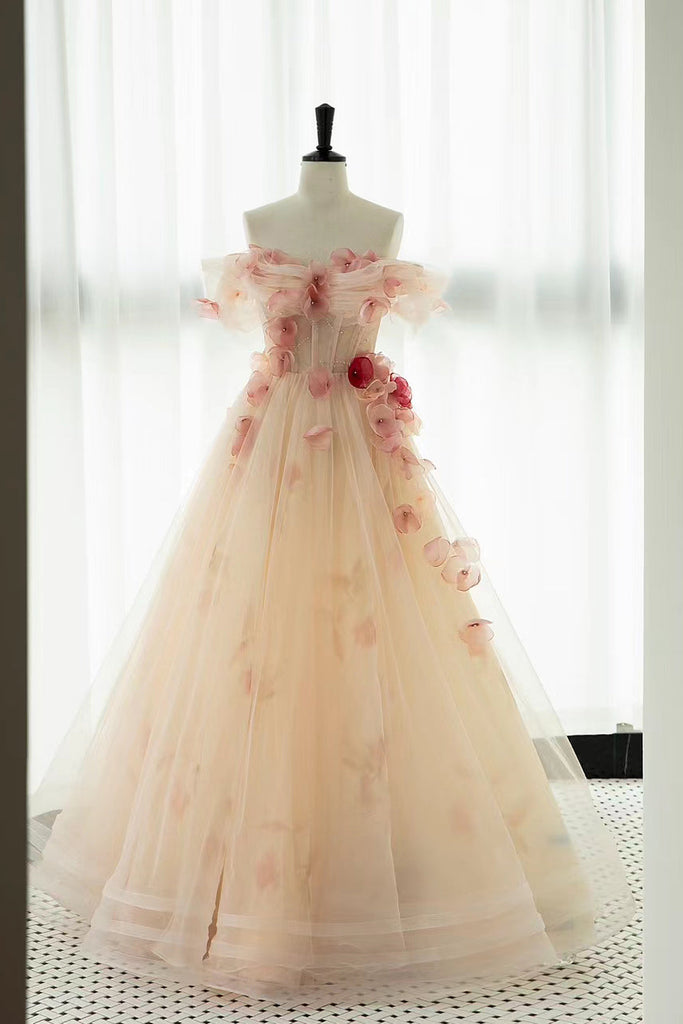 Off-the-Shoulder A Line Tulle Prom Dress Elegant Evening Dress With Flowers