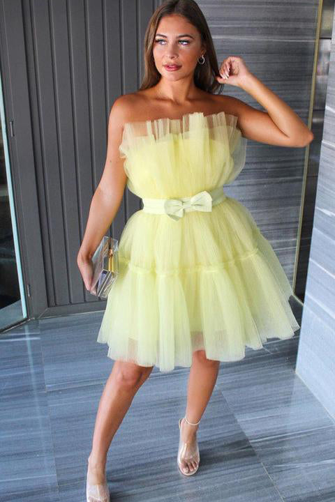 A line Yellow Tulle Strapless Short Prom Dress, Simple Homecoming Dress