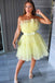 A line Yellow Tulle Strapless Short Prom Dress, Simple Homecoming Dress