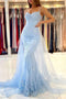 Baby Blue Lace Mermaid Long Prom Dresses With Overskirt Train