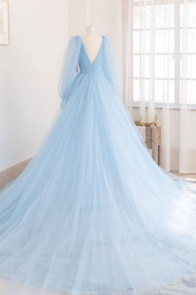 Sky Blue Tulle Long Prom Dresses Long Sleeves V-neck Formal Gown DTP1096