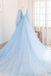 Sky Blue Tulle Long Prom Dresses Long Sleeves V-neck Formal Gown DTP1096