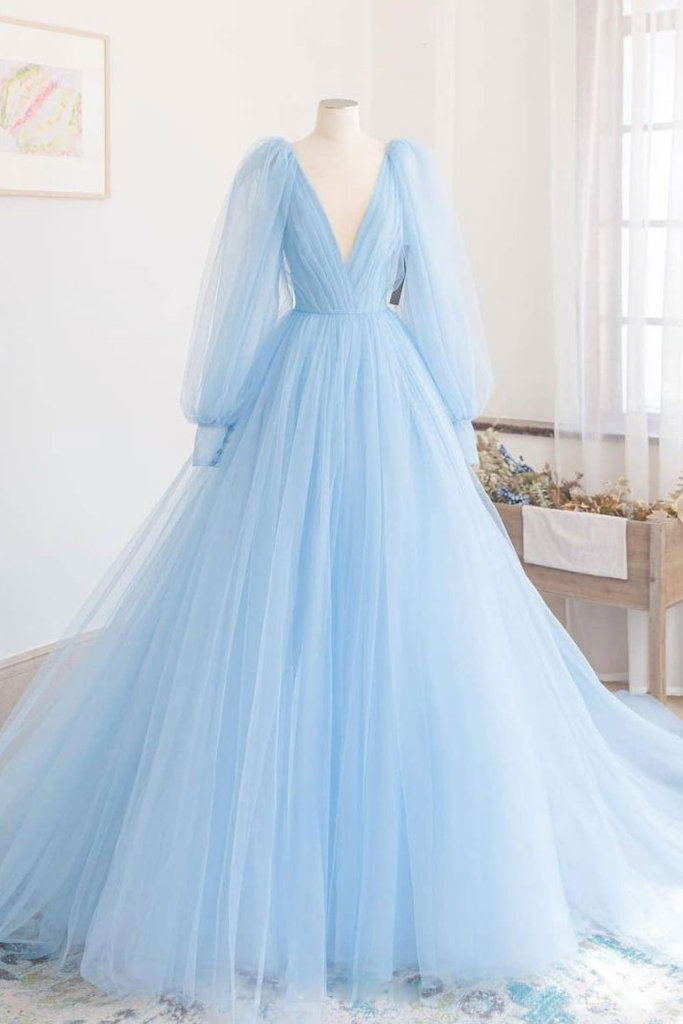 Sky Blue Tulle Long Prom Dresses Long Sleeves V-neck Formal Gown DTP1096