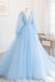 Sky Blue Tulle Long Prom Dresses Long Sleeves V-neck Formal Gown DTP1096