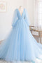 Sky Blue Tulle Long Prom Dresses Long Sleeves V-neck Formal Gown