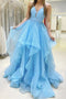 Baby Blue V Neck Long Prom Dresses, A-line Sleeveless Sweet 16 Gown