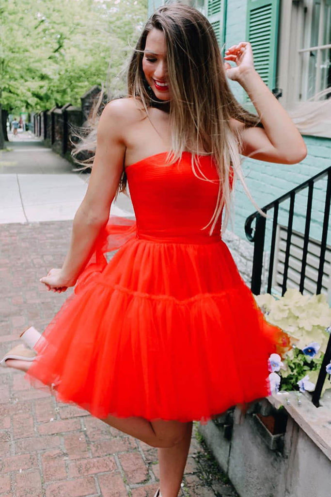 Chic A-line Red Sleeveless Tulle Homecoming Dress, Red Short Party Dress