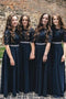 Half Sleeves Black Bridesmaid Dresses Lace Bodice Waist Beaded