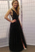 glitter black long prom dress tulle v-neck sequin with split dtp524