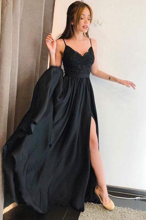 Spaghetti straps Evening Gown with Split Elegant A line Long Black