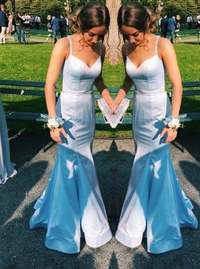 Elegant Light Blue Mermaid Backless Prom Dress With Beading