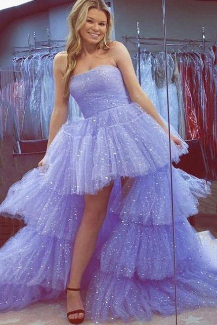 Strapless High Low Tulle Tiered Prom Dresses, Cute Lavender Sweet 16 Dress