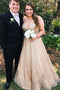 Spaghetti-straps V-neck Gold Lace Appliques Prom Dresses Plus Size Party Gown