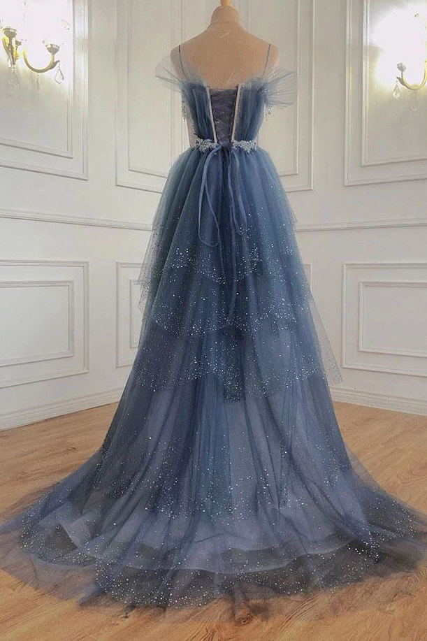 Gray Blue Tulle Sequin Beads Long Prom Dress, Princess Long Evening Gown