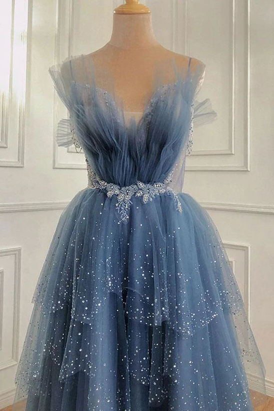 Gray Blue Tulle Sequin Beads Long Prom Dress, Princess Long Evening Gown