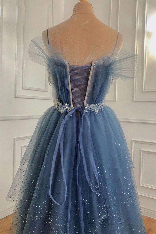 Gray Blue Tulle Sequin Beads Long Prom Dress, Princess Long Evening Gown