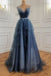 Gray Blue Tulle Sequin Beads Long Prom Dress, Princess Long Evening Gown