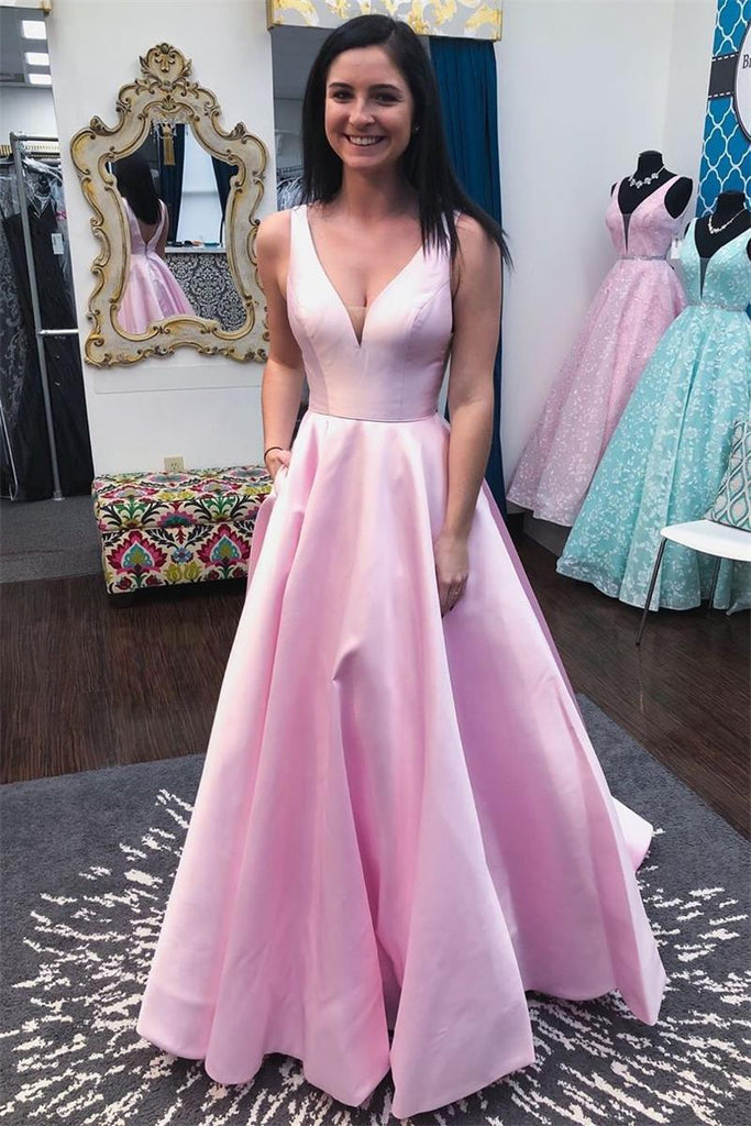 a-line v-neck sleeveless simple satin pink prom dress with pockets dtp56