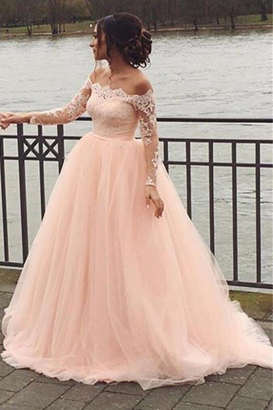 Off Shoulder Lace Appliques Long Sleeve Tulle Pink Wedding Dresses