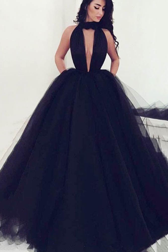 Halter Neckline Black Long Prom Dresses, Black Formal Evening Dress