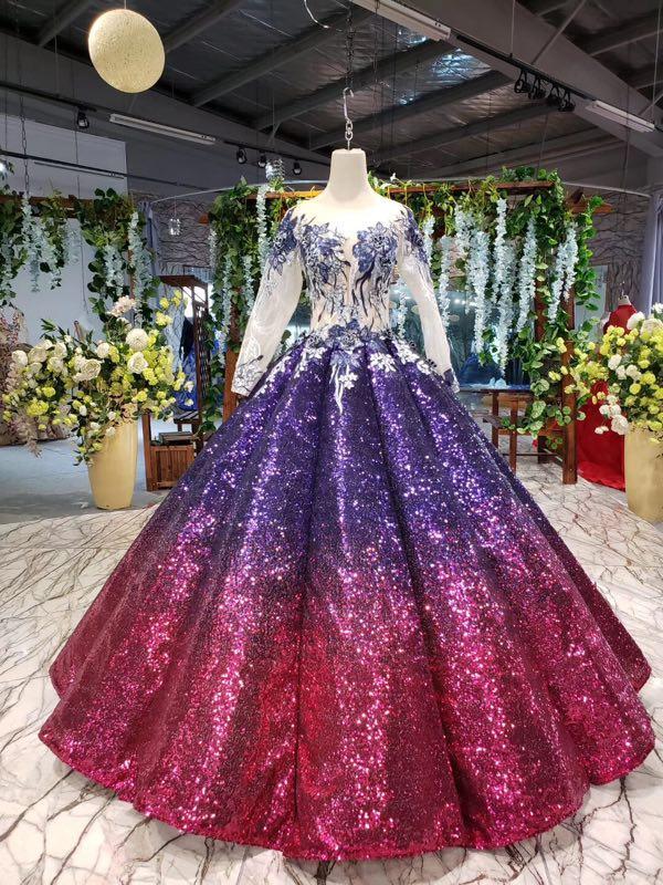 Sparkly Long Sleeve Ball Gown Sequins Ombre Quinceanera Dresses With Appliques