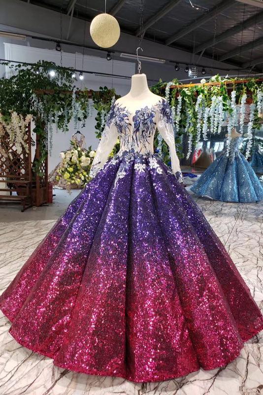 Sparkly Long Sleeve Ball Gown Sequins Ombre Quinceanera Dresses With Appliques