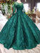 Princess Green Quinceanera Gown Beaded Appliques Long Sleeves Ball Gown