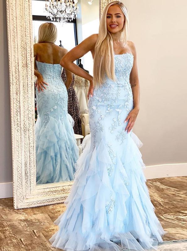 strapless formal evening dresses mermaid sky blue prom dresses with appliques dtp914