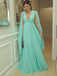 Chiffon Mint Green Long Prom Dresses, V Neck Muslim Evening Party Dresses