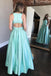 Mint Green Satin A-line Long Prom Dress Cut Back With Beaded Pockets dtp1095