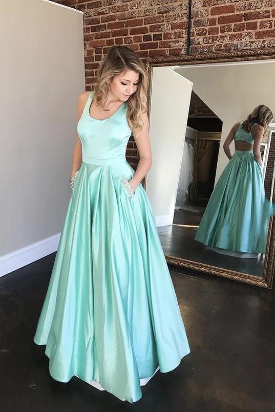 Mint Green Satin A-line Long Prom Dress Cut Back With Beaded Pockets